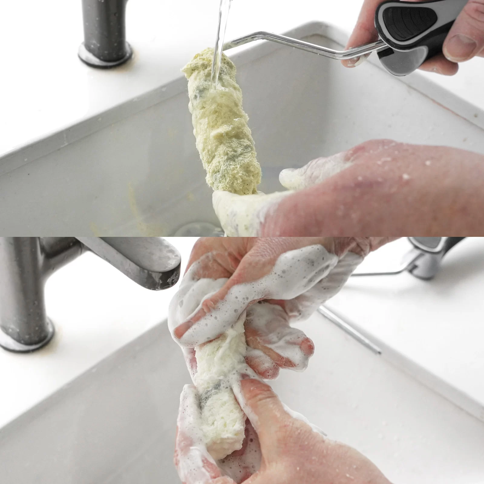 Dampening a new roller cover to remove loose fibers before first use