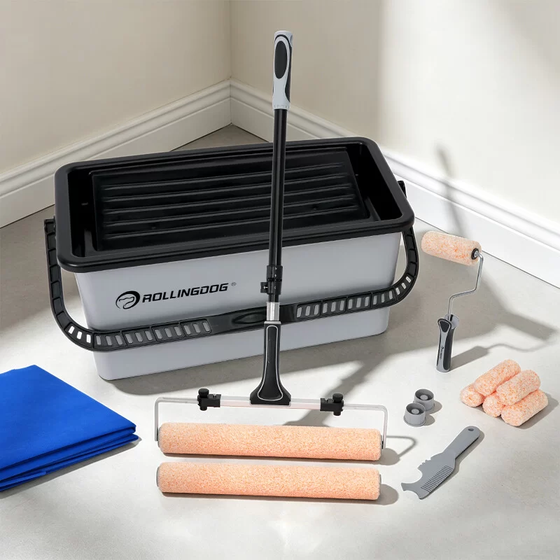 Paint roller kit with bucket, tray, extension pole, painter's tape and drop cloth